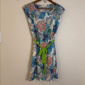 Everly Blue & Green Floral sleeveless mini dress green belt feminine dainty SM